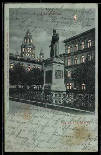 Lithographie Mainz, Gutenbergdenkmal, Leuchtende Fenster bei Halt gegen das Licht