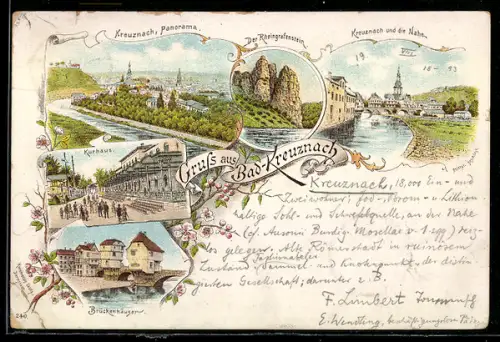 Vorläufer-Lithographie Bad-Kreuznach, 1893, Panorama der Stadt, Kurhaus, Brückenhäuser, Rheingrafenstein