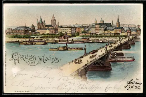 Lithographie Mainz, Rheinbrücke und Dom, Leuchtende Fenster im Stadtpanorama bei Halt gegen das Licht