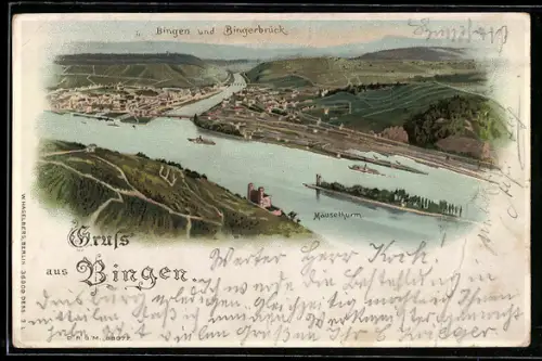 Lithographie Bingen /Rhein, Bingen und Bingerbrück, Mäuseturm, Leuchtende Fenster bei Halt gegen das Licht