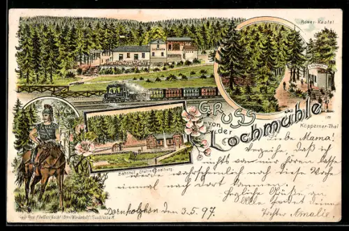 Lithographie Wehrheim, Gasthaus Lochmühle, Bahnhof Saalburg, Römer-Kastell im Köpperner Thal