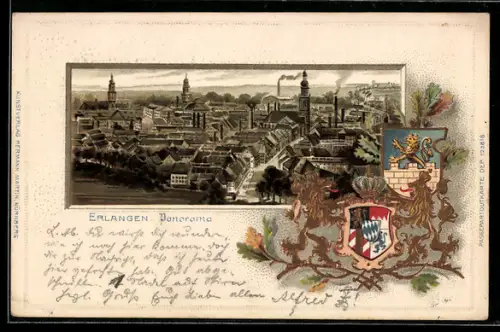 Passepartout-Lithographie Erlangen, Panorama mit Wappen