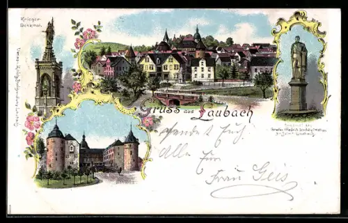 Lithographie Laubach, Denkmal des Grafen Friedrich Ludwig Christian zu Solms-Laubach