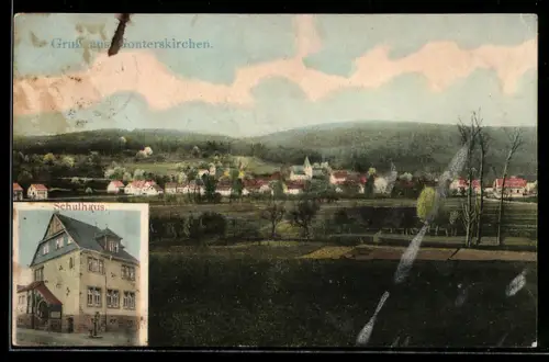 AK Gonterskirchen, Schulhaus, Panorama vom Ort