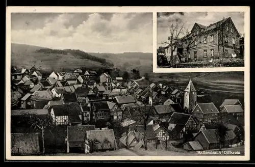 AK Ballersbach /Dillkreis, Gasthaus Hilk, Ortsansicht mit Kirche