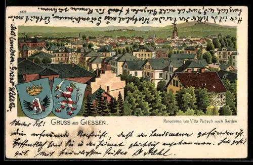 Lithographie Giessen, Panorama von Villa Pietsch nach Norden, Wappen