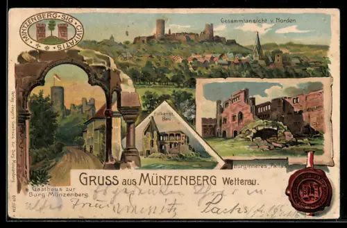 Lithographie Münzenberg, Falkenst. Bau, Burginneres Pallas, Gasthaus zur Burg Münzenberg