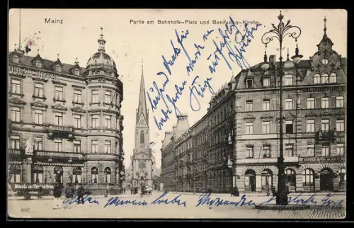 AK Mainz, Partie am Bahnhofs-Platz und Bonifacius-Kirche