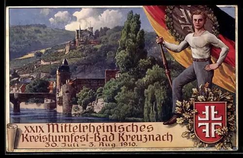Künstler-AK Bad Kreuznach, XXIX. Mittelrheinisches Kreisturnfest 1910, Turner mit deutscher Fahne