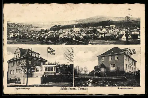 AK Schlossborn i. Taunus, Totalansicht, Jugendherberge, Schwesternhaus mit -Fahne