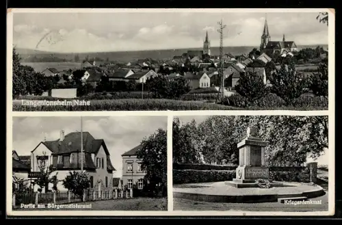 AK Langenlonsheim / Nahe, Totalansicht, Bürgermeisteramt, Kriegerdenkmal