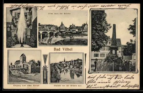 AK Bad Vilbel, Victoria Melita-Sprudel, Eingang zum alten Schloss, Kriegerdenkmal