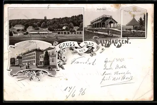 Lithographie Bad Salzhausen, Kurhaus, Gradierbau, Tmepel am Rabenstein
