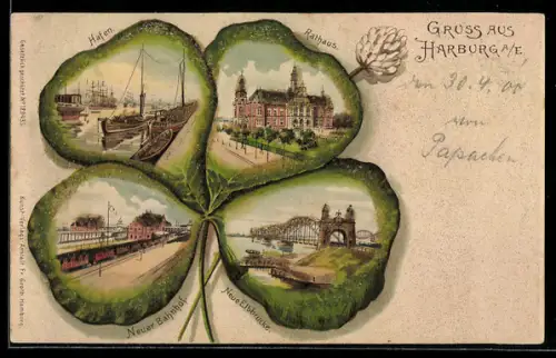 Passepartout-Lithographie Hamburg-Harburg, Hafen, Neuer Bahnhof, Rathaus, Kleeblatt
