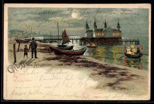 Lithographie Ahlbeck, Ostseestrand mit Seesteg bei Vollmond