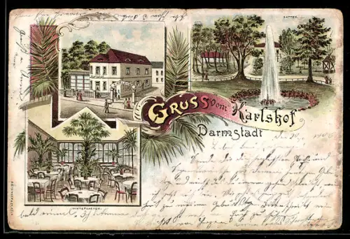Lithographie Darmstadt, Gasthaus Karlshof, Garten mit Fontäne, Wintergarten, Aussenansicht
