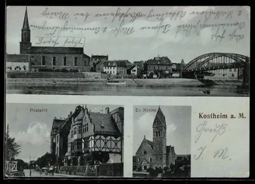 AK Kostheim a. M., Postamt, Evangel. Kirche, Ortspartie mit Brücke