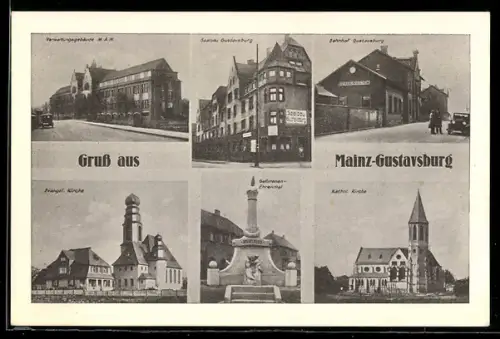 AK Mainz-Gustavsburg, Evangel. Kirche, Gefallenen-Denkmal, Kathol. Kirche, Bahnhof Gustavsburg