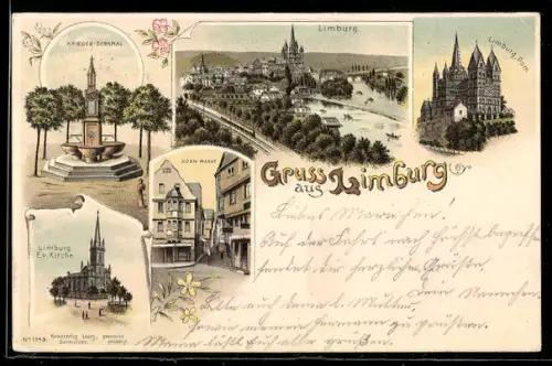 Lithographie Limburg, Krieger-Denkmal, Blick auf den Dom, Evangel. Kirche, Korn-Markt, Panorama der Stadt