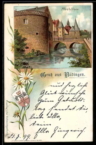 Lithographie Büdingen, Flusspartie am Mühltor