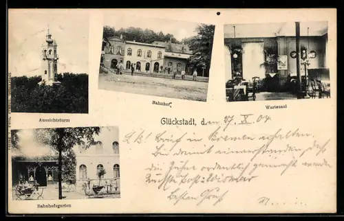 AK Glückstadt, Partie am Bahnhof, Aussichtsturm und Bahnhofsgarten