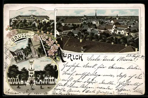 Lithographie Aurich, Seminar, Schloss, Burgthor, Blick über die Dächer