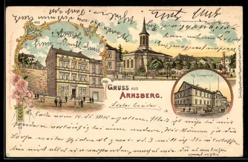 Lithographie Arnsberg, Hamburger Engros-Lager, Kgl. Landgericht, Evangel. Kirche