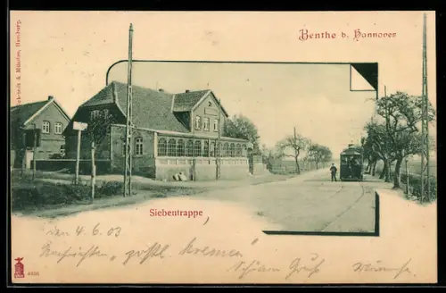 AK Benthe b. Hannover, Gasthof Siebentrappe mit Strassenbahn