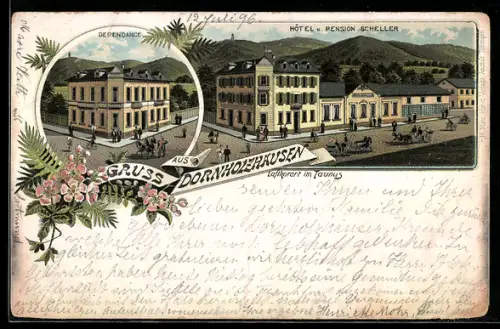 Lithographie Dornholzhausen /Taunus, Hotel und Pension Scheller und Dependance