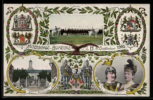 Lithographie Homburg, Kaiserparade 1905, Schloss, Kavallerie, Wappen, Ritterrüstung