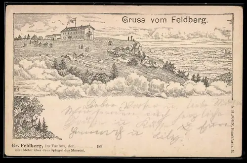 Lithographie Gr. Feldberg /Taunus, Panorama und Blick ins Tal