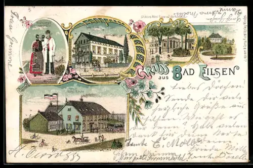 Lithographie Bad Eilsen, Hotel Rinne, Blick auf den Kursaal, Arensburg