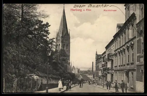 AK Hamburg-Harburg, Partie in der Maretstrasse mit Kirche
