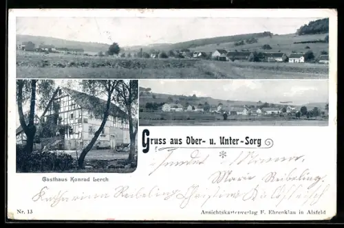 AK Ober-Sorg, Totalansicht und Gasthaus Konrad Lerch