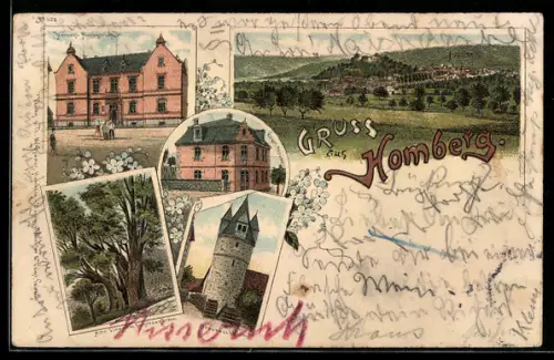 Lithographie Homberg, Totalansicht, Herzogliches Amtsgericht und Kaiserliches Postamt