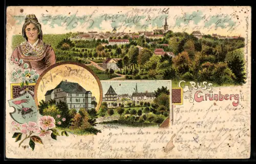 Lithographie Grünberg, Totalansicht, Frau in Tracht und Burg