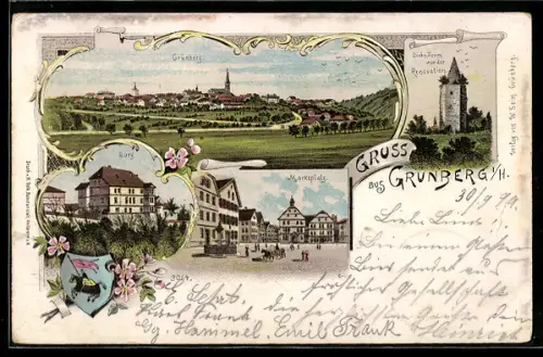 Lithographie Grünberg i. H., Totalansicht, Diebs-Turm und Burg
