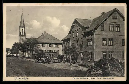 AK Ulrichstein, Gasthaus Darmstädter Hof mit Pferdewagen und Kirche