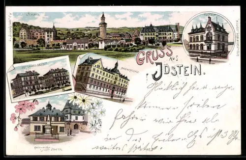 Lithographie Idstein, Rathaus mit Denkmal, Erziehungs-Anstalt, Baugewerkschule
