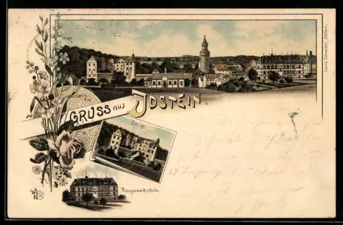 Lithographie Idstein, Totalansicht, Baugewerkschule und Schloss