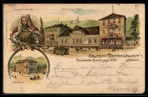 Lithographie Dornholzhausen, Hotel und Pension Scheller, Dependance, Portrait Landgraf Friedrich II.