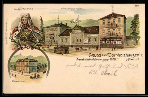 Lithographie Dornholzhausen, Hotel und Pension Scheller, Dependance, Portrait Landgraf Friedrich II.