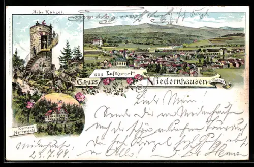 Lithographie Niedernhausen /Taunus, Totalansicht, Hohe Kanzel und Kurhaus Herrnwald