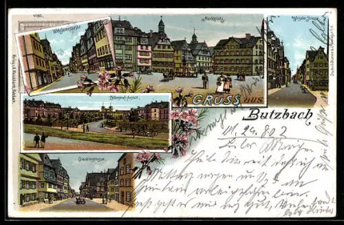 Lithographie Butzbach, Marktplatz, Griedelerstrasse, Weigeler Strasse, Ortsansicht