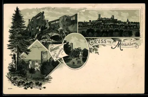 Lithographie Münzenberg, Gasthaus zur Burg Münzenberg, Alter Thurm