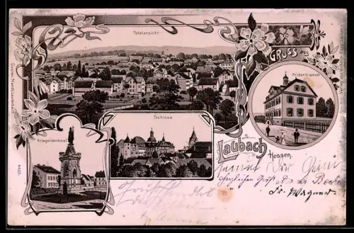 Lithographie Laubach /Hessen, Totalansicht, Schloss, Kriegerdenkmal und Fridericianum