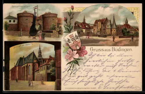 Lithographie Büdingen, Mühlthor, Jerusalemsthor, Blick auf die Stadtkirche