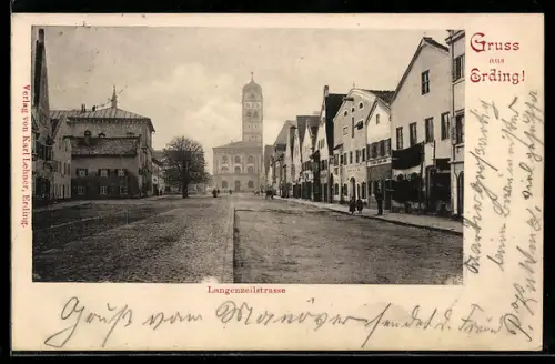 AK Erding, Partie in der Langenzeilstrasse mit Kirche
