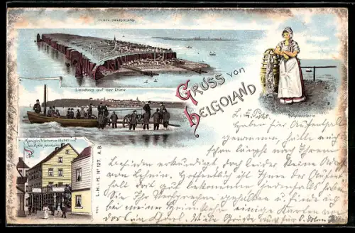 Lithographie Helgoland, Blick auf d. Insel, Landung auf der Düne, Königin Victoria-Hotel von Joe Krüe Aeuckens