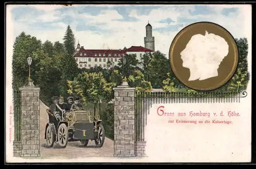AK Homburg v. d. Höhe, Erinnerung an die Kaisertage, Wilhelm II. im Porträt vor dem Schloss
